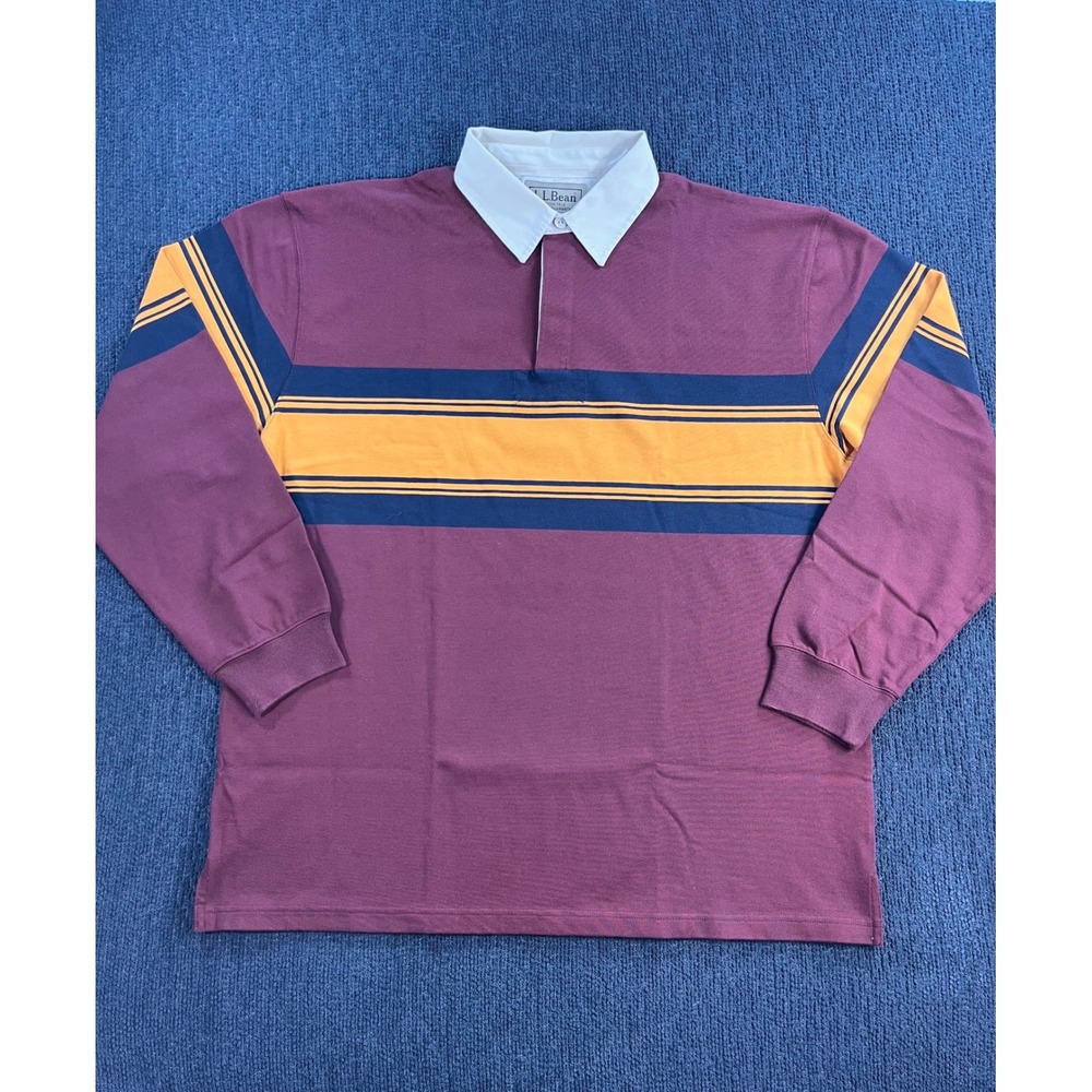 LL Bean Mens XL Tall Rugby Shirt‎ Burgundy Gold Navy Striped Long Sleeve Cotton